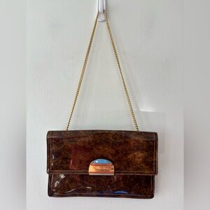 Vintage Morris Moskowitz shoulder bag gold chain strap brown patent look
